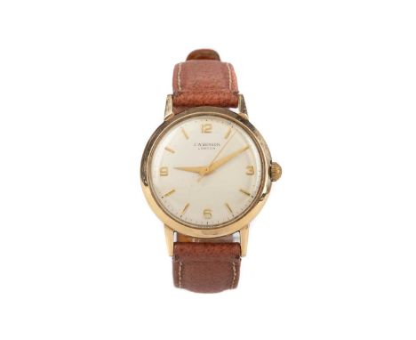 GENTLEMAN'S JW BENSON NINE CARAT GOLD MANUAL WIND WRIST WATCH,the round cream dial with applied wedge and Arabic hour markers