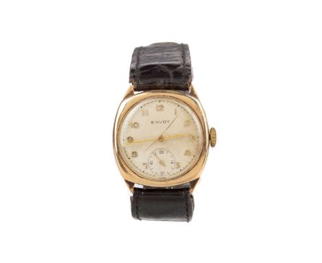 GENTLEMAN'S ENVOY NINE CARAT GOLD MANUAL WIND WRIST WATCH,the round cream dial with applied Arabic hour markers, outer second