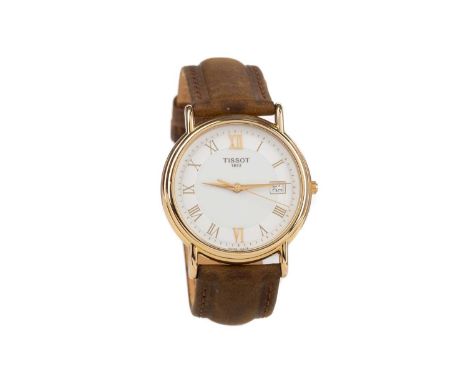 GENTLEMAN'S TISSOT EIGHTEEN CARAT GOLD QUARTZ WRIST WATCH,the round white dial with Roman hour markers, outer seconds track i