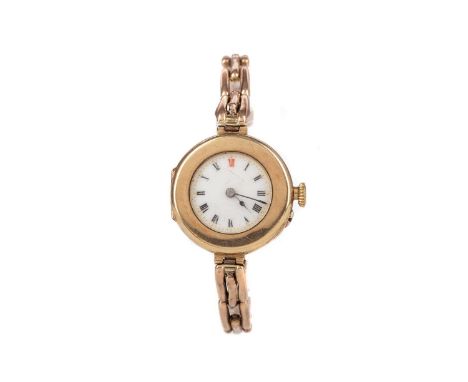 LADY'S NINE CARAT GOLD MANUAL WIND WRIST WATCH,the round white dial with Arabic hour markers, dot outer seconds track, 25mm c