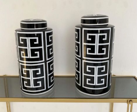 GINGER JARS, a pair, 40cm high x 20cm diameter, glazed ceramic, art deco style design print. (2) 