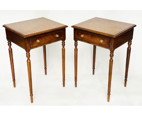 LAMP TABLES, a pair, Regency design burr walnut and crossbanded each with drawer and turned supports, 52cm W x 45cm D x 77cm 