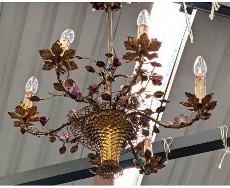 FLOWER BASKET CHANDELIER, vintage, six branch, 83cm drop. 