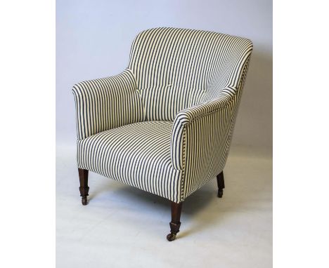 ARMCHAIR, 82cm H x 67cm, Edwardian mahogany and line inlaid in new ticking on ceramic castors. 