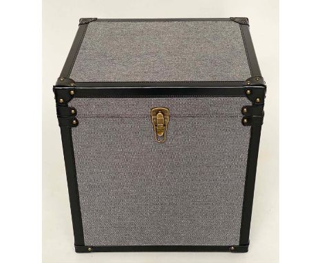 TRUNK, leather bound, with rising lid and carrying handles, 52cm x 44cm 60cm H. 