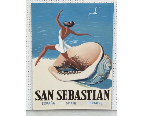 REPRODUCTION VINTAGE TRAVEL ADVERTISEMENT, San Sebastian, acrylic on canvas, unframed, 120cm x 90cm. 