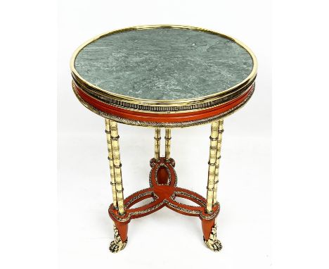 LAMP TABLE, French Louis XVI style red lacquered and gilt decorated with a circular verde antico marble top, 55cm H x 42cm x 