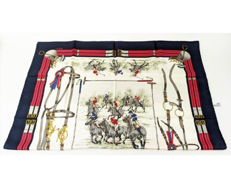 VINTAGE GUCCI SET, 'Polo players' silk scarf, 86cm x 86cm, equestrian motif together with a bag, patent leather with gold ton