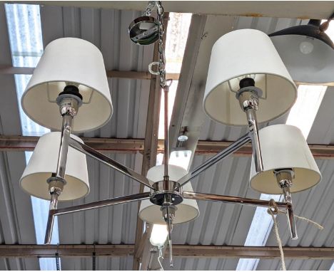 CHANDELIER, 65cm W, five branch, with white shades and two wall sconces. (3) 