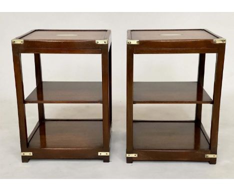 LAMP TABLES, a pair, campaign style mahogany and brass bound each with brushing candle slides and undertier, 40cm x 40cm x 57