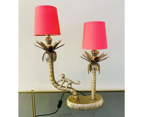 TABLE LAMP, 50cm H x 32cm W x 15cm D, in the form of a monkey climbing a tree, two-branch, red shades. 