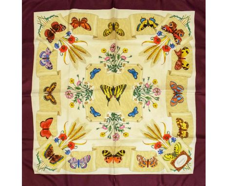 VINTAGE GUCCI SILK SCARF, botanical motif by Vittorio Accornero, 90cm x 90cm, burgundy border. 