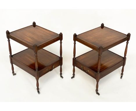 LAMP TABLES, a pair, George III design mahogany and crossbanded each with two tiers and drawer, 47cm W x 40cm D x 60cm H. (2)