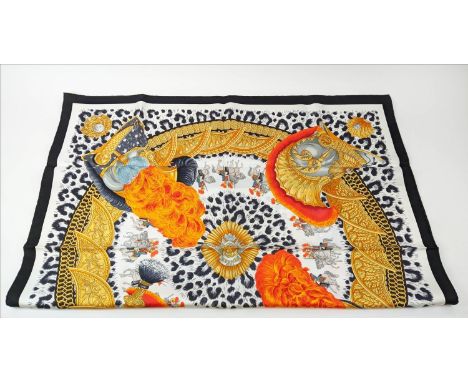 VINTAGE HERMÈS 'CASQUES ET PLUMETS' SILK SCARF, designed by Julia Abadie, 90cm x 90cm, with box and tag. 