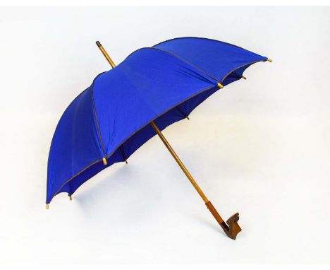 MAUD FRIZON PARIS VINTAGE UMBRELLA, 1960's with figural carved detailed shoe as handle, blue cotton canopy with dark brown pi