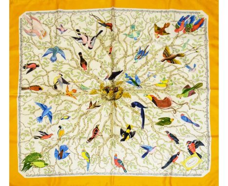 VINTAGE GUCCI SILK SCARF, botanical motif by Vittorio Accornero, 90cm x 90cm, yellow border. 