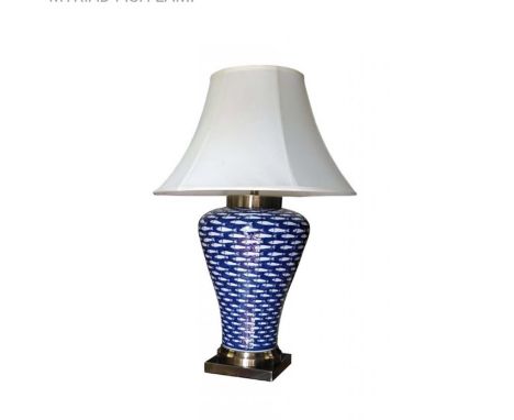 TABLE LAMP, 78cm H x 50cm diam., blue and white fish design ceramic, with shade. 