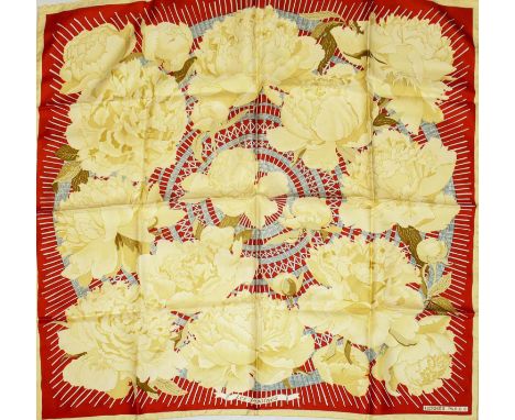VINTAGE HERMÈS 'LES PIVOINES' SILK SCARF, designed in 1978 by Christiane Vauzelles, 90cm x 90cm. 
