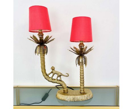 TABLE LAMP, two branch, 50cm H x 32cm W x 15cm D in the form of a monkey climbing a palm tree with shades. 