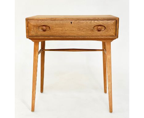 ERCOL WRITING TABLE, 1960s elm, model 437, with freize drawers, 69cm W x 47cm D x 75cm H. 