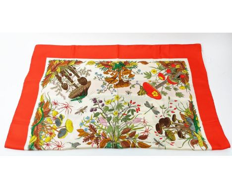 VINTAGE GUCCI BOTANICAL MOTIF SILK SCARF, 86cm x 86cm, by Vittorio Accornero, with orange border. 