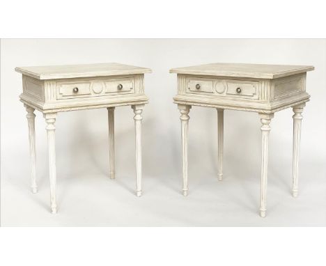 LAMP TABLES, a pair, French Louis XVI style, grey painted each with frieze drawer and fluted supports, 50cm W x 40cm D x 60cm