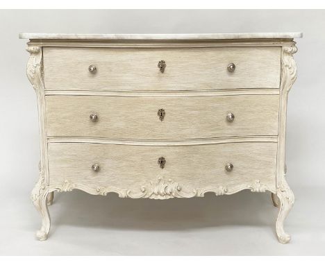 COMMODE, Italian serpentine fronted and traditionally grey painted with three long drawers and cabriole supports, 114cm x 52c