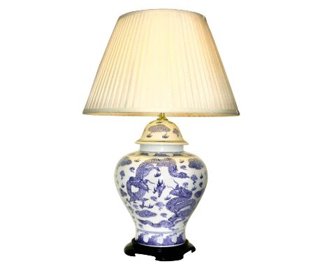 TABLE LAMPS, pair, 69cm high, 45cm diameter, Chinese export style blue and white ceramic with shades. (2) 