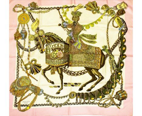 VINTAGE HERMÈS 'LE TIMBALIER' SILK SCARF, designed in 1961 by Marie Francoise Hèron, 90cm x 90cm. 