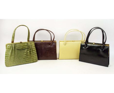 COLLECTION OF VINTAGE BAGS, four, all with top snap closure and brass tone hardware, black with two top handles 26cm x 18cm H
