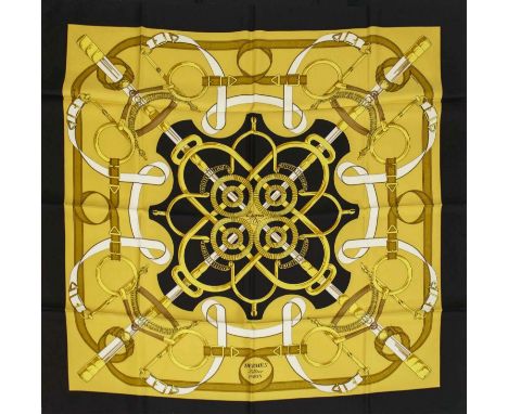 VINTAGE HERMÈS 'EPERON D'OR' SILK SCARF, designed in 1974 by Henry D'Origny, 90cm x 90cm. 