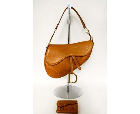 CHRISTIAN DIOR VINTAGE SADDLE BAG, tan calfskin leather, top handle with CD logo finishing, matte gold tone hardware, strap c