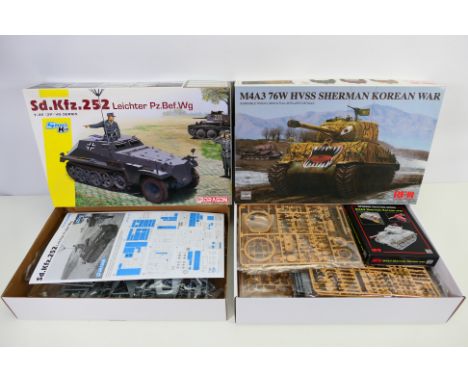 Dragon - Ryefield Model - 2 x boxed kits in 1/35 scale, an Sd.Kfz.252 Leichter Pz.Bef.Wg Half Track # 6571 and an M4A3 76W HV