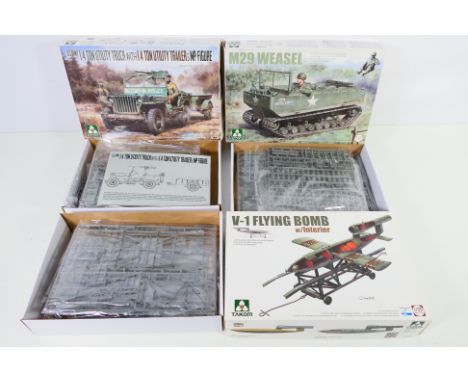 Takom - 3 x boxed model kits in 1/35 U.S. Army Jeep & Trailer # 2126, a V1 Flying Bomb # 2151 and an M29 Weasel # 2167. They 