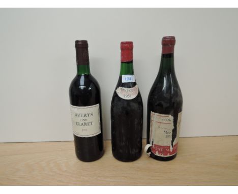 Three bottles of Red Wine, Avery's Fine Claret, Bordeaux 1995 12% vol 75cl, low neck level, Wine Society Macon 1955, label pa