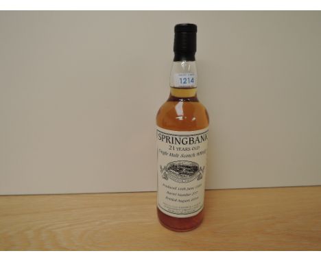 A bottle of Springbank 21 Year Old Single Malt Scotch Whisky, produced 16th June 1995, bottled August 2016, Barrel Number 277