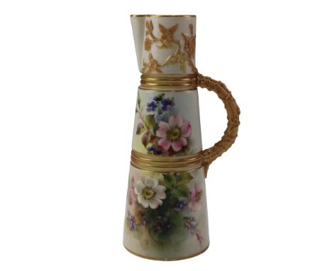 An Edwardian Royal Worcester blush ivory flower jug, of slender truncated conical form with reeded collars between florally d