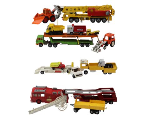 A group of vintage diecast trucks, lorries and similar toy cars including Matchbox, Corgi, Tonka and Siku