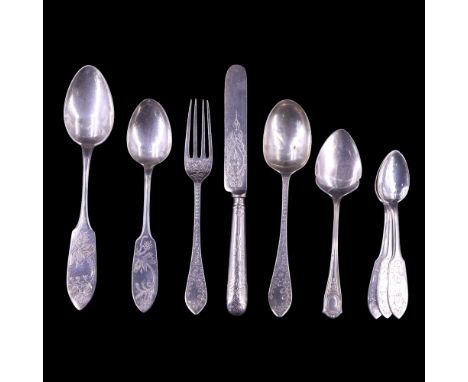 A Victorian silver christening fork and spoon together with sundry items of Swedish and other silver flatware, 207 g 