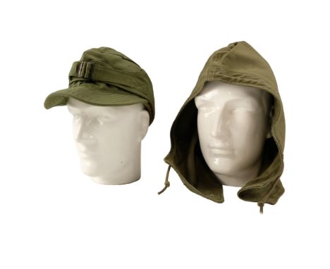 A Second World War US Army winter field cap together with an M43 field jacket hood