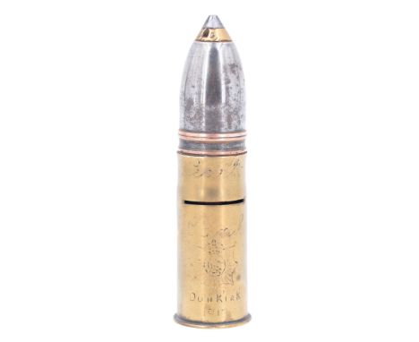 An inert Great War French 37 mm "pom-pom" gun shell and case, converted to a money box and bearing an engraved Army Service C