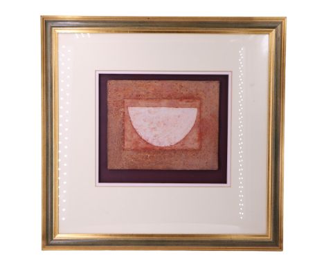 Michael Bennett (Cumbria, 1934-2016)"First Offering", a warm, coarse, coalition of shapes in white and rusty terracotta, mixe