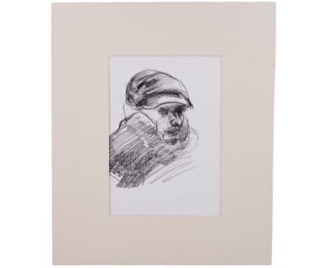 Colin Gard Allen (Carlisle, 1926-1987)"Miner Sketch", the shadowed visage of a miner wrapped in layers, charcoal, '1980s' on 