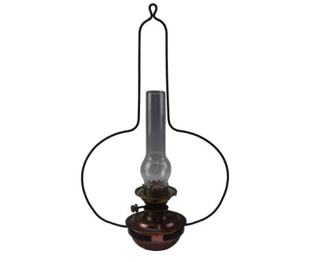 A Victorian copper and brass harp lamp having a Messenger's patnet burner, 64 cm
