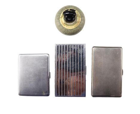 A vintage Emu Brand chrome and two other cigarette cases together with a ceramic Beneagles decanter in the form of a curling 