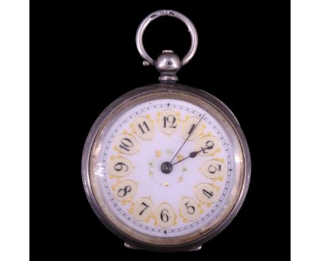 A late 19th / early 20th Century Swiss silver fob watch having a key-wound movement and white enamel face with floral gilt bo