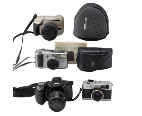 A group of vintage Minolta film cameras comprising a Dynax 500si, a Vectis S-I, a Hi-Matic G and a Riva Zoom 140EX