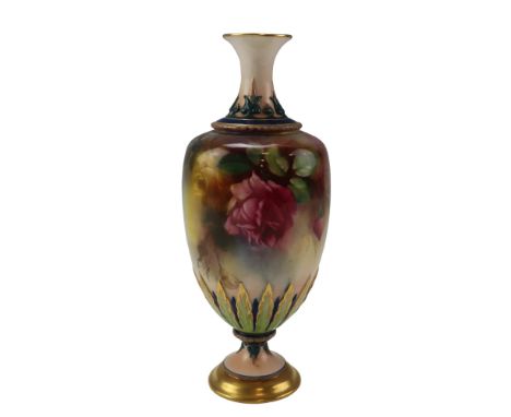 An Edwardian Royal Worcester Hadley Ware porcelain vase, of shouldered ovoid form with tall, slender, waisted neck and moulde