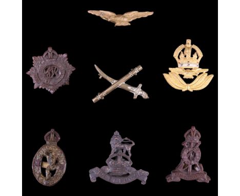Three Second World War economy plastic cap badges, a Royal Army Pay Corps officer's Service Dress cap badge, a General Office
