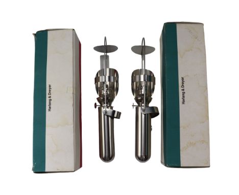 Two Harleng &amp; Dreyer stainless steel oil lamps, designed by Erik Magnussen, no 301, 40 cm